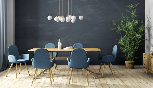 Interiérový Design Moderní Jídelny Dřevěného Stolu Modrých Židlí Proti Černé — Stock fotografie