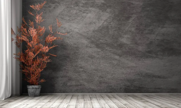 Внутренний Фон Пустой Комнаты Черная Штукатурка Стены Горшок Красным Растением — стоковое фото