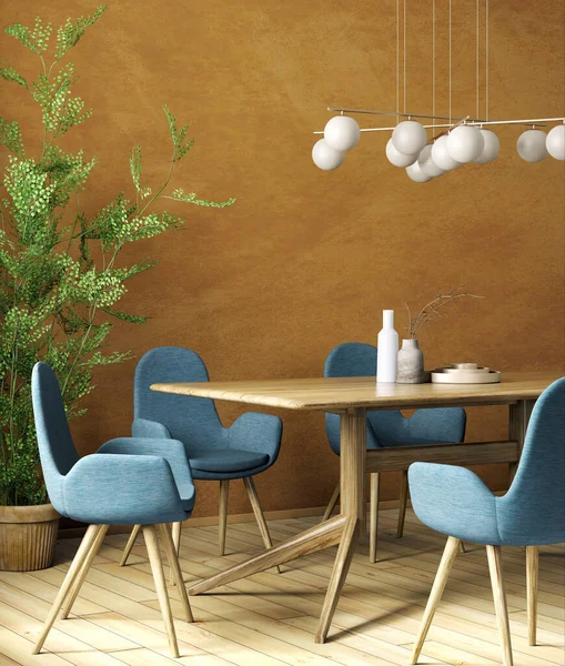 Belsőépítészet Modern Étkező Asztal Kék Székek Ellen Narancs Beton Fal — Stock Fotó