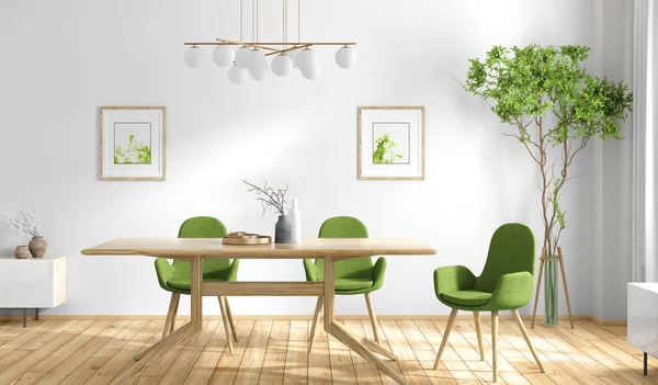 Diseño Interior Comedor Soleado Moderno Mesa Madera Sillas Verdes Contra — Foto de Stock