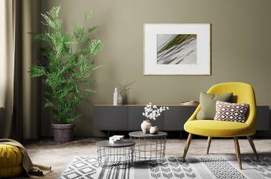 Oturma odasının içinde kahve masaları ve sarı koltuk, modern ev dizaynı 3D.