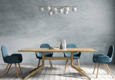 Modern yemek odasının iç tasarımı, ahşap masa ve duvardaki mavi sandalyeler. Ev tasarımı. 3d oluşturma