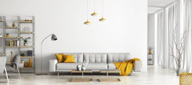 Büyük pencereli dairenin modern iç tasarımı. Gri kanepesi, kahve masası, kitaplığı ve koltukları olan rahat bir oturma odası. İskandinav evi. Sarı aksesuarlı oda dekorasyonu. 3d oluşturma