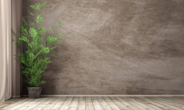 Empty Room Interior Background Brown Stucco Wall Pot Plant Wooden — Stock Photo, Image