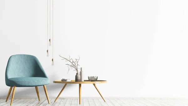 Interior Scandinavian Living Room Turquoise Armchair Wooden Coffee Table Room — Stock Photo, Image