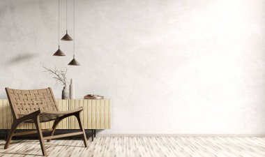 Ahşap dolabı ve koltuğu olan modern oturma odası, ev tasarımı, 3D kopyalama alanı olan sıva duvar.