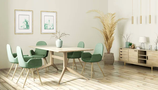 Belsőépítészet Modern Étkező Asztal Zöld Székek Skandináv Otthon Renderelés — Stock Fotó