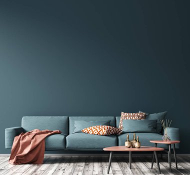 Oturma odasının modern iç tasarımı. Mavi kanepe, ve boş duvarın üzerinde ahşap sehpa ve fotokopi alanı. Ev tasarımı. 3d oluşturma