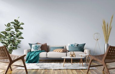 Mavi duvarlı, modern bir daire. Gri kanepeli, beyaz kahve masalı ve mavi koltuklu rahat bir oturma odası. Çağdaş ev tasarımı. 3d oluşturma