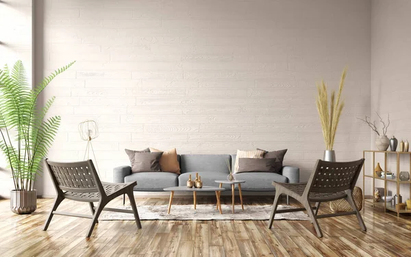ベージュの壁を持つアパートのモダンなインテリア グレーのソファ コーヒーテーブル ブルーのアームチェア付きの居心地の良いリビングルーム 現代的なホームデザイン 3Dレンダリング — ストック写真
