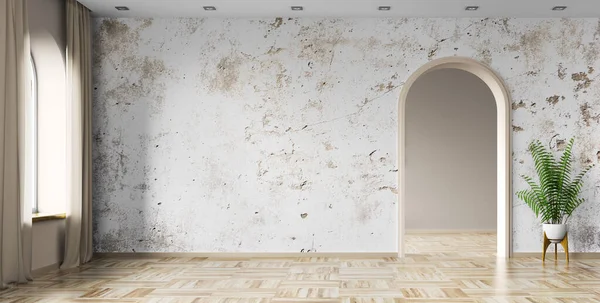 Boş Oturma Odası Arka Plan Beyaz Sıva Duvar Kemer Kapı — Stok fotoğraf
