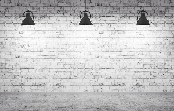 砖墙、 混凝土楼板及灯具背景，3d 渲染 — 图库照片