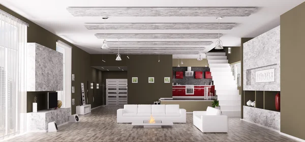 现代公寓全景 3d 渲染的内部 — 图库照片