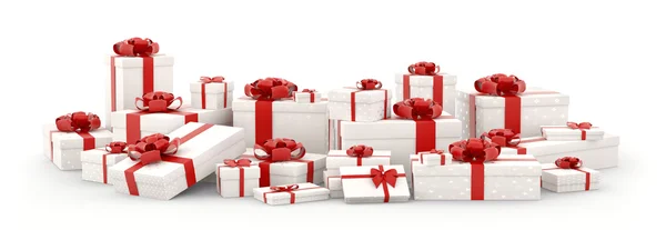 Fehér ajándék dobozok, bemutatja elszigetelt 3d-leképezés — Stock Fotó