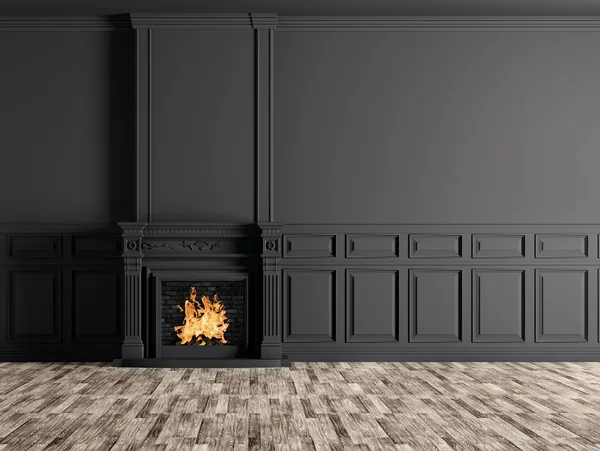 Interior clásico vacío de una habitación con chimenea sobre pared negra —  Fotos de Stock