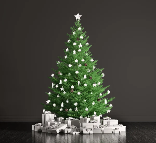 Interiér s vánoční strom nad 3d vykreslení černá stěna — Stock fotografie
