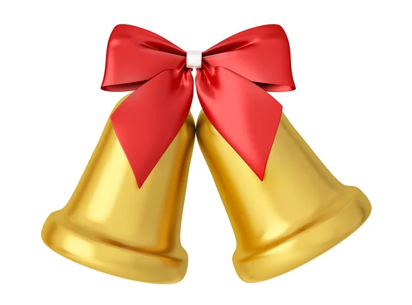 Dois sinos dourados com arco vermelho isolado 3d renderização — Fotografia de Stock