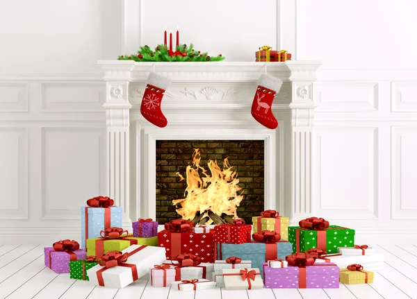 Interior de Navidad con chimenea y regalos 3d renderizado —  Fotos de Stock