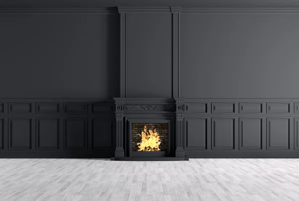 Empty classic interior of a room with fireplace over black wall — Stock Photo, Image