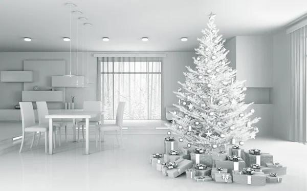 Интерьер белой квартиры с новогодней елкой 3d рендеринг — стоковое фото
