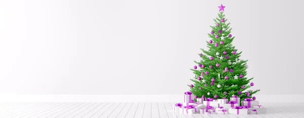 Interieur van een witte kamer met kerstboom achtergrond 3D-rende — Stockfoto