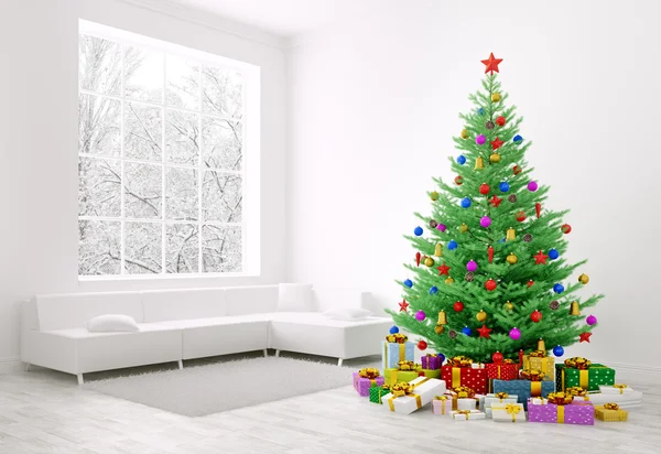 Árbol de Navidad, regalos en una sala de representación 3d — Foto de Stock