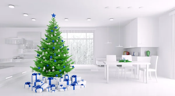 Interior of a white apartment with christmas tree 3d rendering — Stock Photo, Image