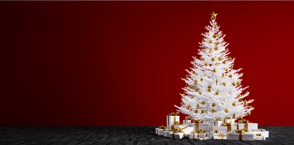 Εσωτερικό φόντο με λευκό χριστουγεννιάτικο δέντρο 3d καθιστούν — Φωτογραφία Αρχείου