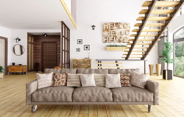 Interior moderno da sala de estar e salão de renderização 3d — Fotografia de Stock