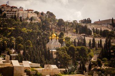 Mary Magdalene s Katedrali Rus Ortodoks Gethsemane manastırın zeytin Dağı yamacındaki ağaçlar arasında görüntüleyin. Jerusalem, İsrail.