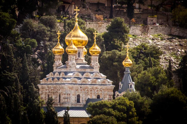 Prohlédni si na katedrále s Mary Magdalene ruské pravoslavné Getsemanské kláštera mezi stromy na hoře Olivetské svahu. Jeruzalém, Izrael. — Stock fotografie