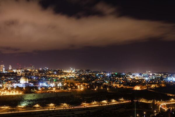 Jerusalem at night with the Al-Aqsa Mosque and the Mount of Olives