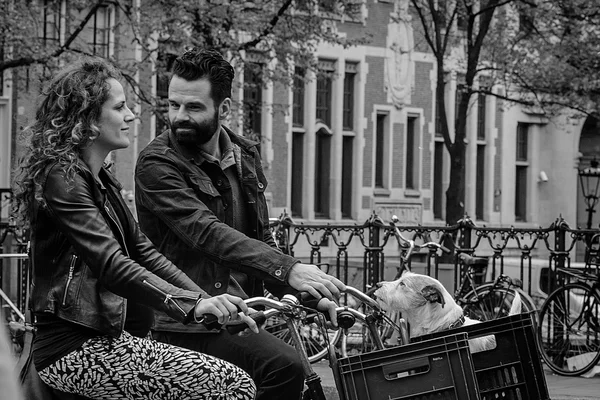 アムステルダム, オランダ - 5 月 9 日: 2015 年 5 月 9 日にオランダ、アムステルダムの歴史的な部分で自転車に乗って犬と男女 — ストック写真
