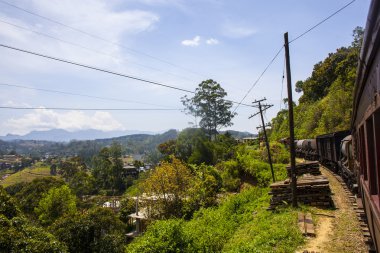 Nuwara Eliya 'dan Kandy' ye giden tren Sri Lanka 'nın dağlık bölgelerindeki çay tarlalarının arasında.