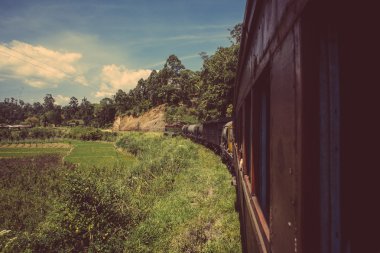 Nuwara Eliya 'dan Kandy' ye giden tren Sri Lanka 'nın dağlık bölgelerindeki çay tarlalarının arasında.