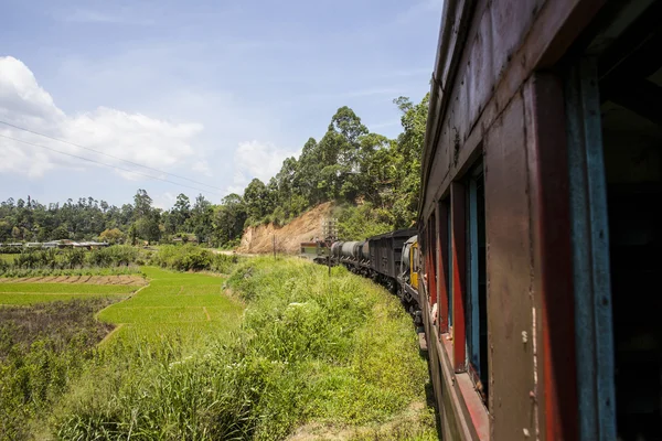 Train from Nuwara Eliya to Kandy among tea plantations in the highlands of Sri Lanka — Stock Photo, Image