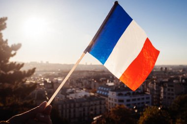 Günbatımında Fransa 'nın Sacre Coeur Bazilikası' ndan Paris manzarasının arka planında Fransa Bayrağı