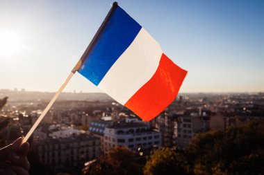 Günbatımında Fransa 'nın Sacre Coeur Bazilikası' ndan Paris manzarasının arka planında Fransa Bayrağı