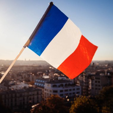 Günbatımında Fransa 'nın Sacre Coeur Bazilikası' ndan Paris manzarasının arka planında Fransa Bayrağı