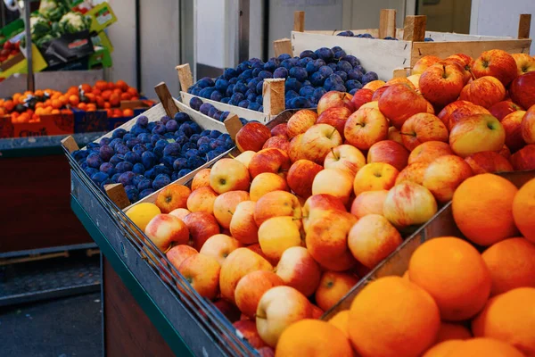 Manzanas Naranjas Ciruelas Para Venta Mercado — Foto de Stock