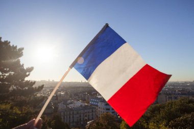 Günbatımında Fransa 'nın Sacre Coeur Bazilikası' ndan Paris manzarasının arka planında Fransa Bayrağı