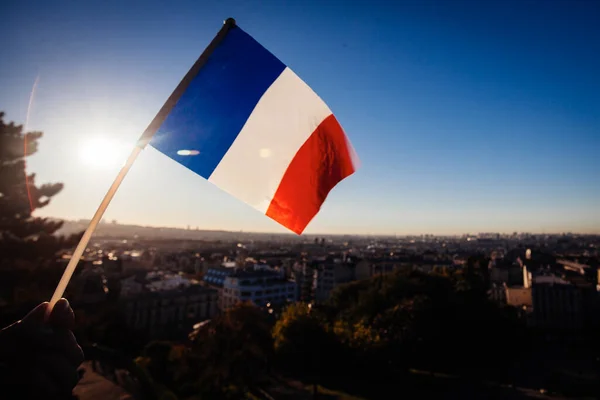 The Flag of France on background of the  view of Paris from Sacre Coeur Basilica in France in  sunset tima