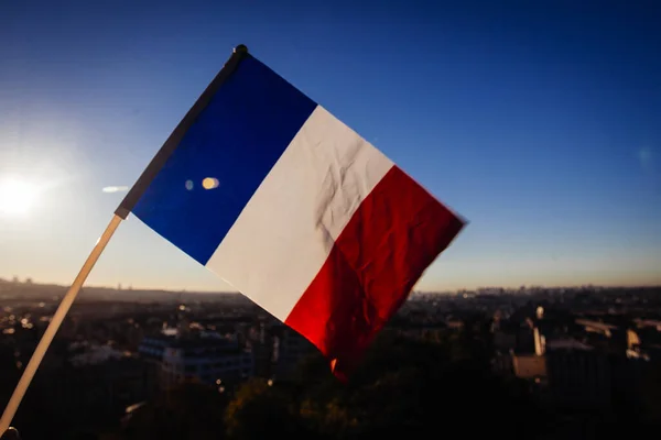 フランスの旗は 日没のティマでフランスのサクレ クール大聖堂からパリの景色を背景に — ストック写真