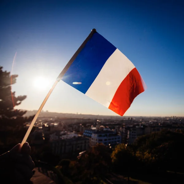 The Flag of France on background of the  view of Paris from Sacre Coeur Basilica in France in  sunset tima