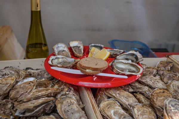 Fresh oysters plate on festival market