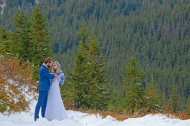 Gelin ve damat dağda kış karında