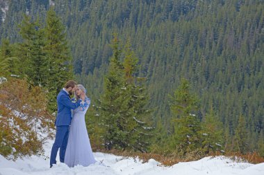 Gelin ve damat dağda kış karında