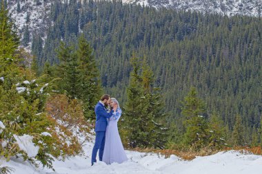 Gelin ve damat dağda kış karında