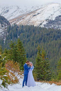 Gelin ve damat dağda kış karında