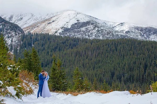 Mariée Marié Dans Neige Hiver Sur Montagne — Photo